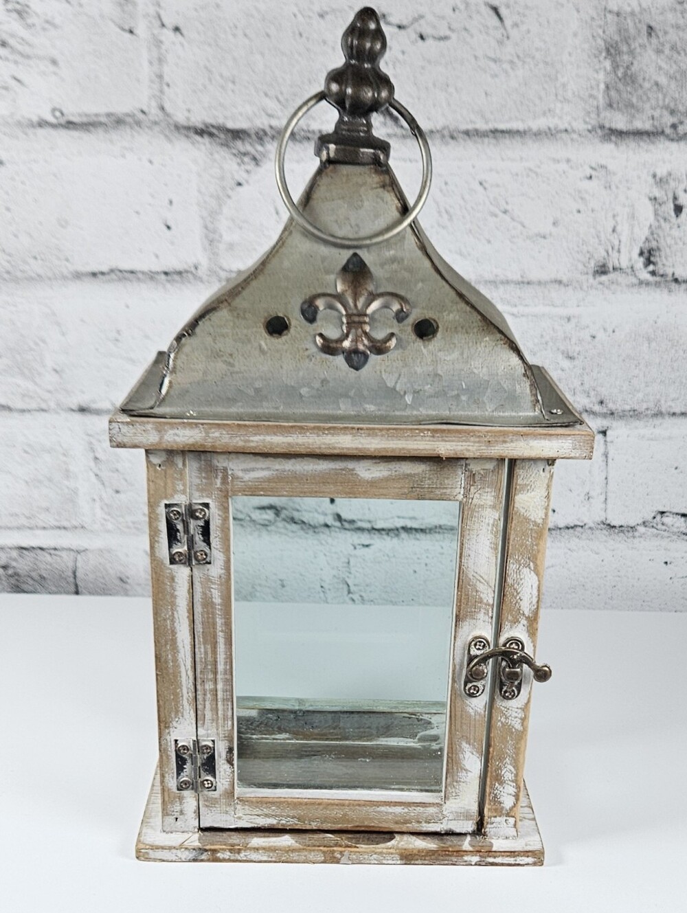 Rustic Wood Glass Candle Lantern Fleur de Lis Farmhouse Table Decor